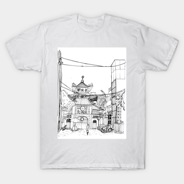 Saigon Old Temple Vietnam Pen and Ink Illustration T-Shirt by Wall-Art-Sketch